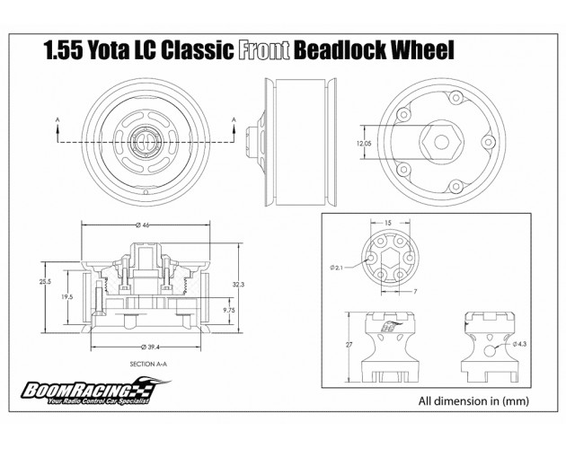 1.55 Yota LC Classic Front Beadlock Wheels (2) with 3mm Wideners (2) Black