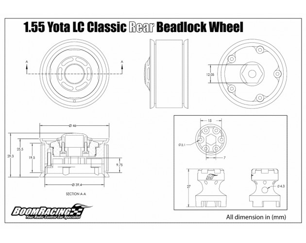 1.55 Yota LC Classic Rear Beadlock Wheels (2) with 3mm Wideners (2) Black