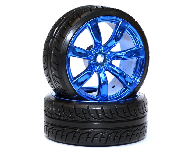 1/10 Touring Wheel /Tire Set High Quality 7 Spoke Wheel + 0° Drift Tire (4Pcs) Blue