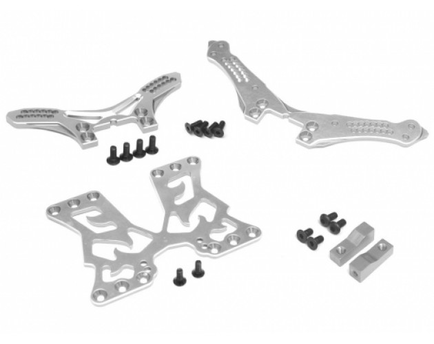 Performance Combo Package B Upgrade Set For D4 (Front/Rear Shock Tower, Servo Mount, Battery Mount Plate) Silver